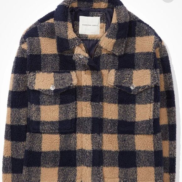 NWT American Eagle Checkered Zip-Up Sherpa Shacket - Picture 3 of 12